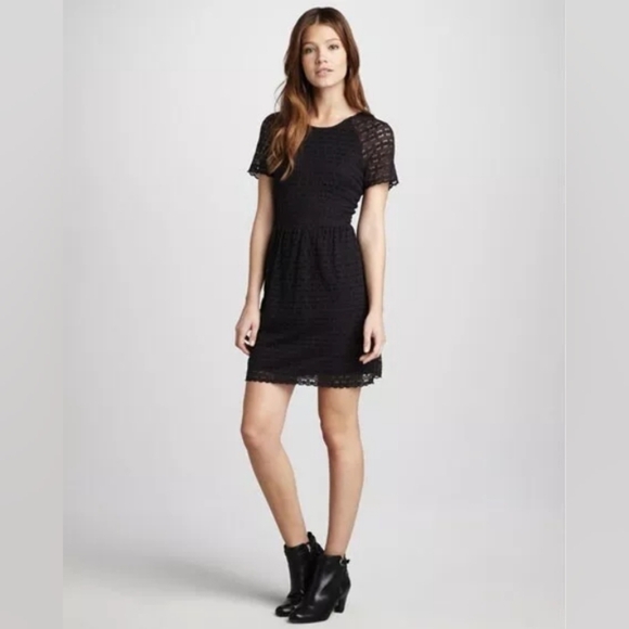 Free People Candy Black Short Sleeve Sheer Lace Fit & Flare Mini Dress Size 12 - Picture 1 of 6
